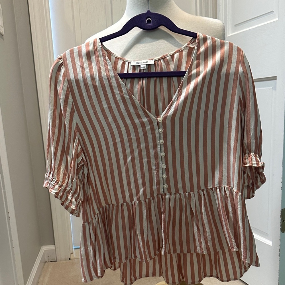 Madewell Rust and White Striped Peplum Blouse